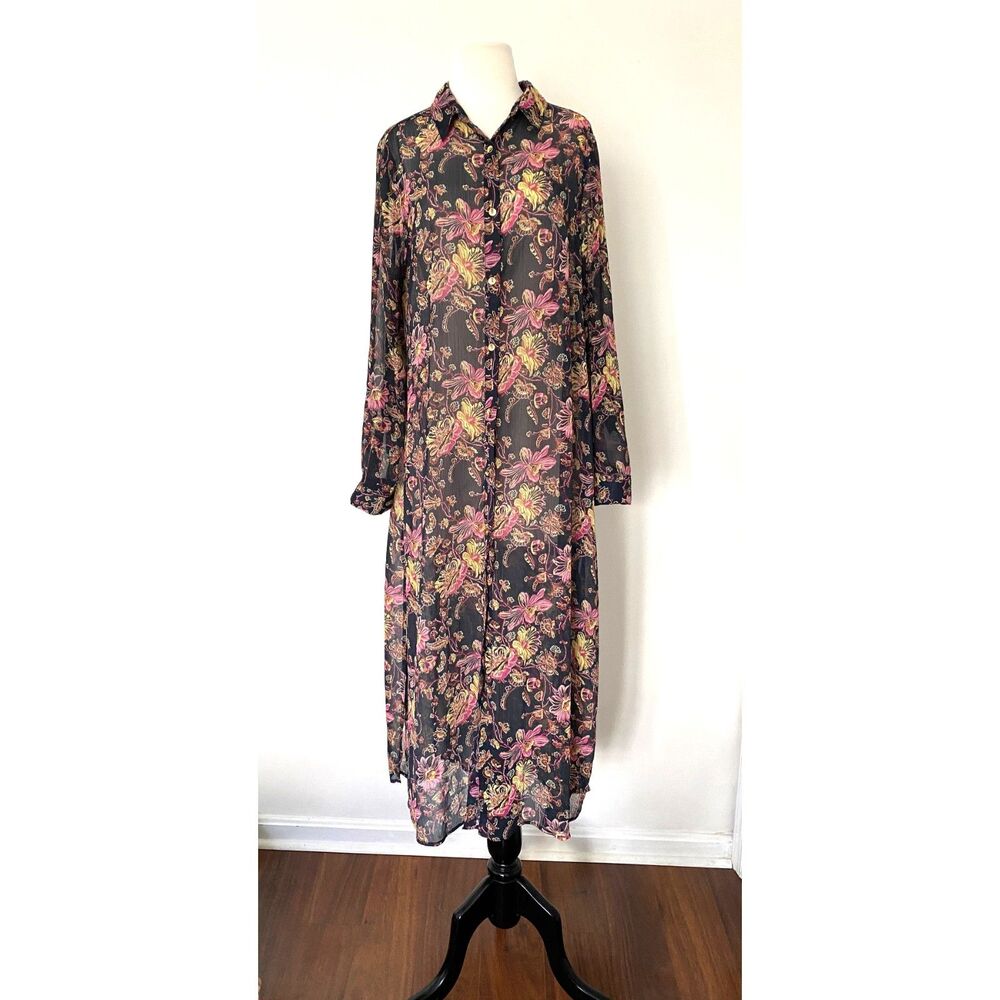 C Wonder Blue Floral Button Up Long Sleeve Cover Up Kimono Sheer Maxi Dress 14